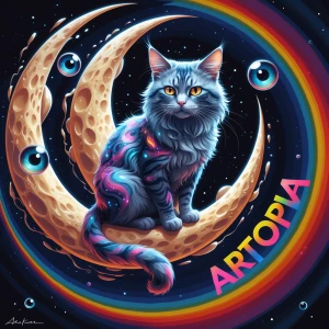A surreal, ultra-detailed digital painting of a mysterious cat w...