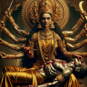 portrait of angry looking, four-armed indian goddess sitting on...
