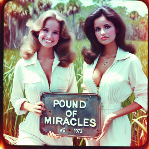 Generate a faded film photograph from 1973 in the Everglades. Tw...