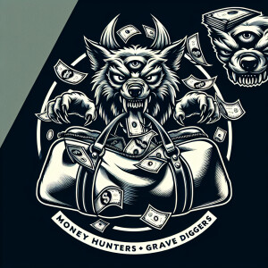 very detailed logo showing vicious 6 eyed wolf eating a money du...