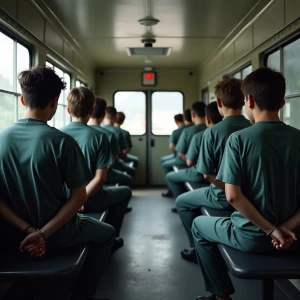 Side-view depiction of teenage Caucasian male inmates seated on...