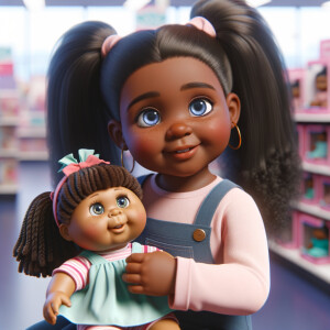 Create a 3-D realistic image of an African-American little girl above the age of five she has huge, blue eyes and thick long ponytails.
She is in a toy store and she is playing with her favorite african-American Cabbage Patch doll , the doll has deep, dimples and freckles