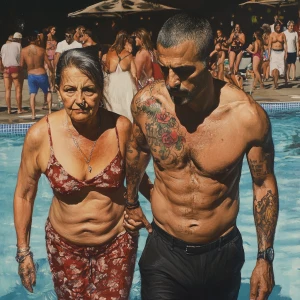 hyperrealistic painting 1:1,a muscular, tattooed, and pierced ma...
