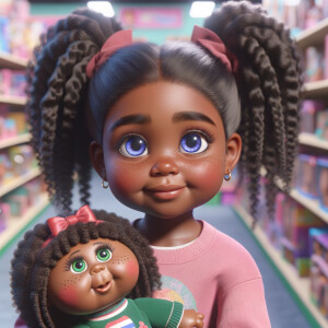 Create a 3-D realistic image of an African-American little girl above the age of five she has huge, blue eyes and thick long ponytails.
She is in a toy store and she is playing with her favorite african-American Cabbage Patch doll , the doll has deep, dimples and freckles