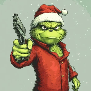 Grinch with a gun in his hands as a bandit. Use carton style. Ro...