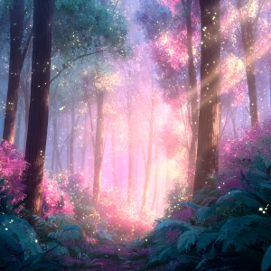 Create a dreamy, enchanted forest illustration in Pixar cartoon...