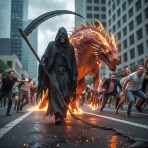 Ultra HD, hyperrealistic cinematic shot of the Grim Reaper with...