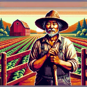 A weathered farmer in a wide-brimmed straw hat, standing beside a wooden fence. He’s holding a worn shovel in one hand, his boots dusty from the fields. Behind him, rows of neatly planted crops stretch into the distance, and a faded red barn stands against the backdrop of a vibrant sunset. The expression on his face shows both fatigue and quiet pride in the land he tends.