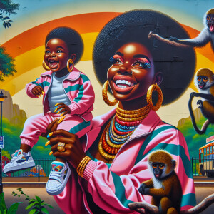 Street art style, zoo landscape, a curvy African American mahoga...