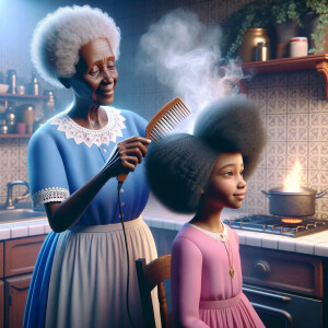 Create a realistic 3-D image of an african-American grandmother wearing a blue house dress. She is in the kitchen with her african-American granddaughter. Her granddaughter is wearing a pink dress The grandmother has a hot comb in her hand and she is straightening her granddaughters hair. One side of her granddaughters hair is in  a Afro the other straight 
There is smoke coming from the hot comb