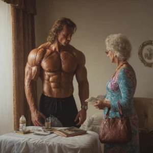 Hyperrealism painting, a muscular Russian man in his beach hotel...