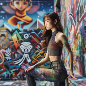 Very thin Athletic Thin skinny Attractive, Asian teenage girl, long brown hair and bangs, wearing tight skinny jeans and a halter top paint marks on her clothing, sitting side view heroic pose Asian graffiti