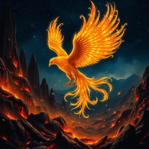 A celestial phoenix rising from volcanic ashes, surrounded by to...
