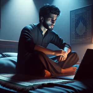 A realistic image of a 23-year-old Muslim man sitting on his bed...