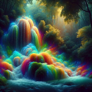 A hyper-realistic 3-Dh oil painting colorful waterfall out of th...
