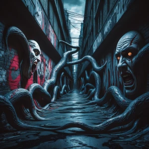 "Craft an image titled 'Gothic Graffiti NIGHTMARE,' where a hyper-realistic gothic landscape dominates a dystopian urban alley. The scene is a fusion of dramatic and surreal elements, with sprawling graffiti that twists and warps across the walls in morphing, monstrous forms—each stroke alive with a psycho horror vibe. Amidst this cinematic chaos, hyper-realistic details pull viewers into the nightmare: eyes peer from the shadows, and grotesque faces blend into the dark brick, their expressions a haunting fusion of dread and despair. Shadows deepen the drama, creating an atmosphere thick with tension and unease, embodying a world where reality melds with nightmarish imagination."