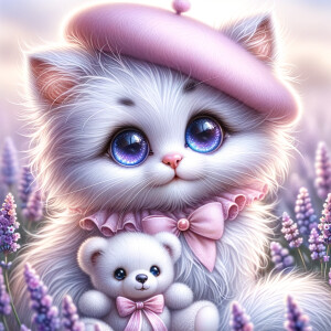 Imagine an adorable, fluffy kitten with an exaggerated, cartoon-...
