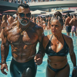 Photorealism,a muscular beefy criminal man walking with his swea...