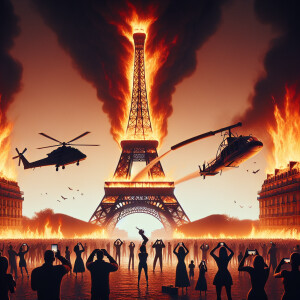 The Eiffel tower is on fire, and a lot of people are filming thi...