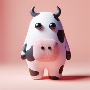 Visualize a unique cow with a big head, thick horns, and small l...