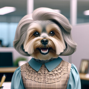 Antropomorphic old yorkie clad in dress, showing her graying hai...