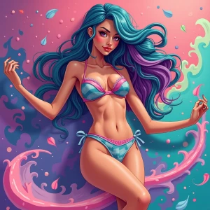 Vibrant, colorful digital illustration showcasing a woman with f...