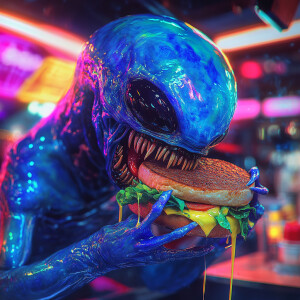 A blue glowing alien with iridescent skin and multiple eyes chom...