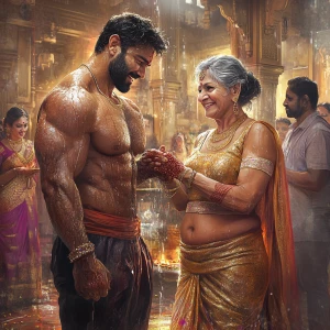 Create a high-definition digital artwork showing a muscular man,...