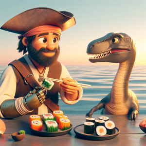Pirate with a peg leg eating sushi next to a dinosaur. They are...
