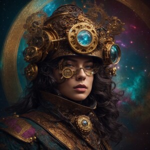 A mysterious steampunk cryptic nebula navigator, adorned with in...