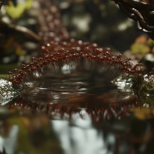 Generate an image depicting a chain of ants forming a living bridge across a stream, showcasing the intricacy of their interlocking bodies and reflecting the water's surface below.