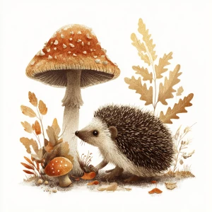 Curious small hedgehog near mushroom, nostalgic illustration, au...