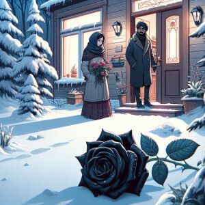 On the threshold of their house, in winter, a man and a woman fo...