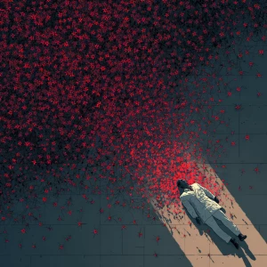 A scientist lies motionless on the ground while thousands of red...