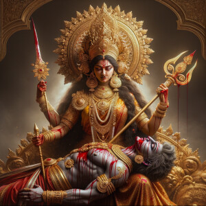 portrait of angry looking goddess durga, sitting on a gold crown and carrying a weak mahishasur on her lap and stabbing him with her amazingly designed trident. She is wearing gold armor, a huge gold crown, red saree, abundant gold jewelry, covered in blood. The scene is set in ancient India. The image is 8K resolution, cinematic, ultra detailed face and epic.