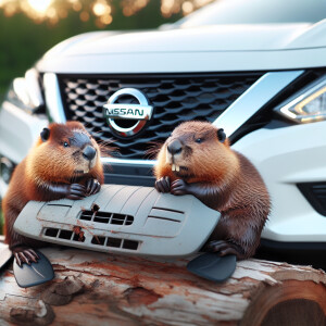 Милые бобры сидят и грызут автомобиль ниссан