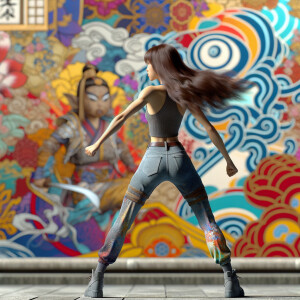 Athletic Thin skinny Attractive, Asian teenage girl, long brown hair and bangs, wearing tight skinny jeans and a halter top paint marks on her clothing, heroic pose Asian graffiti background, backside view