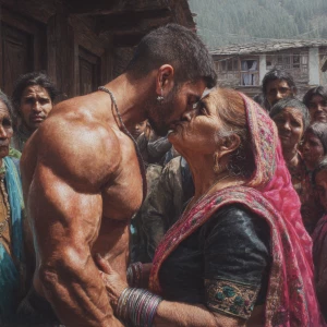 Hyperrealism photo painting. a muscular, sweaty criminal kashmir...