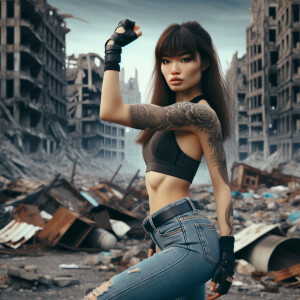 Thin Asian teen girl wearing tight jeans and a halter top Long brown hair and bangs, tattoos on her arms, athletic heroic pose