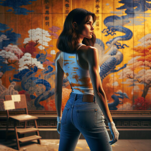 Athletic Thin skinny Attractive, Asian teenage girl, long brown hair and bangs, wearing tight skinny jeans and a halter top paint marks on her clothing, heroic pose Asian graffiti background, backside view