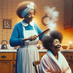 Create a realistic 3-D image of an african-American grandmother wearing a blue house dress and a white apron . She is in the kitchen with her african-American granddaughter. Her granddaughter is wearing a pink bath robe. The grandmother has a hot comb in her hand and she is straightening her granddaughters hair. One side of her granddaughters hair is in  a Afro the other straight 
There is smoke coming from the hot comb
The granddaughter is making a face as if to say grandma that hurt