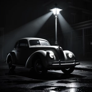 A vintage car parked under a flickering streetlamp, with long sh...