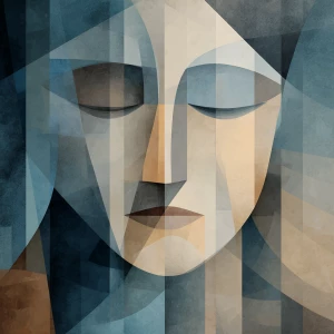 Create a cubist-style portrait featuring a serene face with clos...