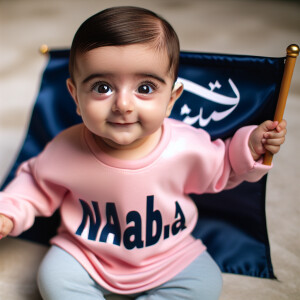 A beautiful baby girl has a banner in and has text NABILA