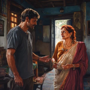 Realism style 1:1,A muscular sweaty man talking to his 54 year o...