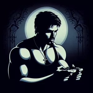 Silhouette of a muscular man engrossed in playing a video game,...