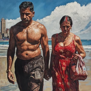 Realism,a muscular sweaty man walking with his 50 years old poo...