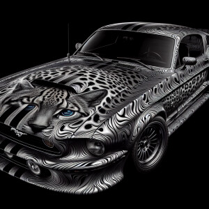 an image of a 1992 mustang  featuring an ocelot pattern, in the...
