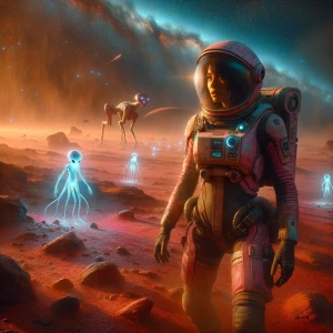 A lone female astronaut in a slightly damaged, high-tech pink sp...
