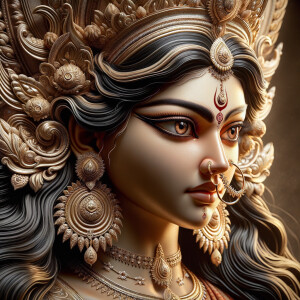 Side view portrait of extremely angry goddess durga. intricately detailed depiction of a goddess. gold jewelry all over body. sharp nose, light skin, beautiful brown eyes, wavy black hair, ultra detailed face. Wearing red saree, a lot of gold ear piercings, huge gold crown. uhd, hdr, 64k, epic, ultra detailed face, photography, 8k, UHD